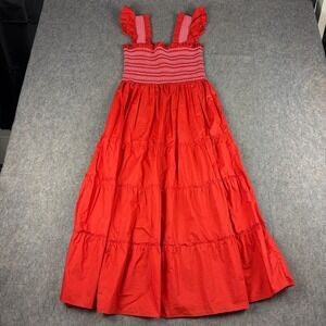 NEW Hill House Home The Nap Dress Red Smocked Tiered Maxi Dress Women's Medium